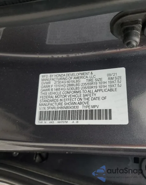 2022 Honda Odyssey Touring from USA, damaged, VIN 5FNRL6H86NB043830